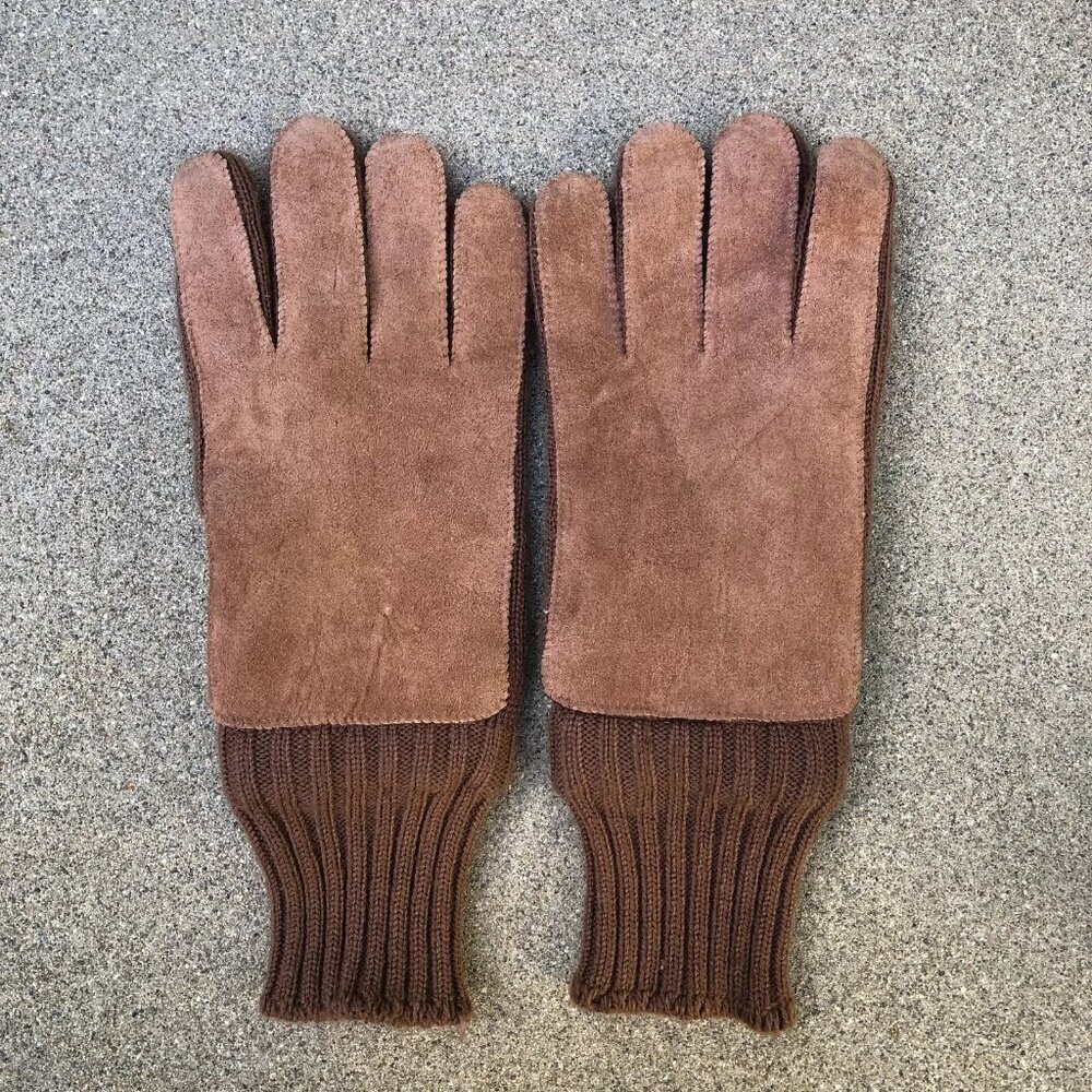 Vintage Leather Suede Knit Winter Gloves Unisex M/L Brown Thick​​​​